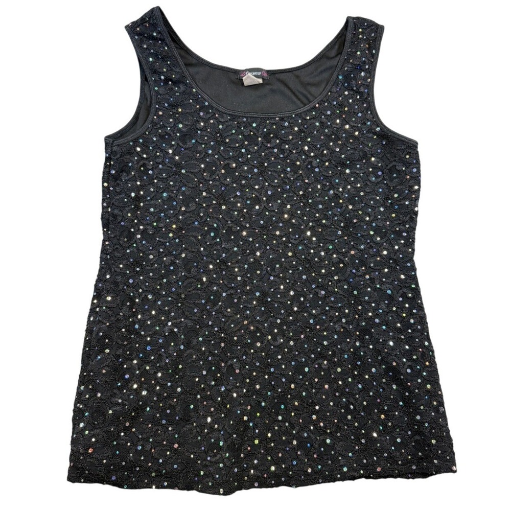 Cocomo Black Lace Rhinestone Tank Top Scoop Neck Sleeveless Sparkly Blouse M